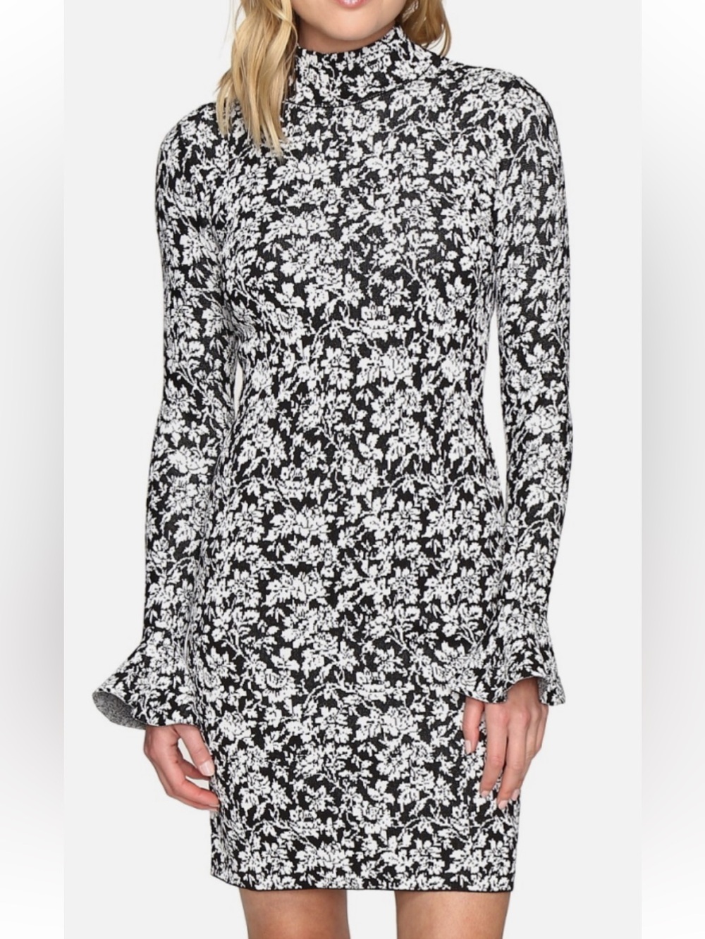 NWT MICHAEL Michael Kors Black and White Floral Turtleneck Midi Dress